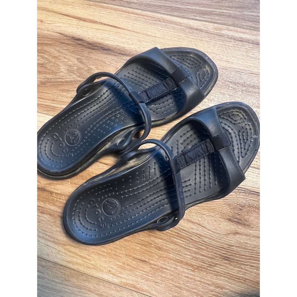Crocs 8 Serena Sandals Casual Summer Black T-Strap Comfort Slides Outdoor